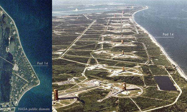 Launch Complex 14 location on Cape Canaveral from space and air