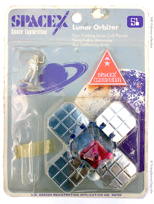 Pippin Spacex Lunar Orbiter card front - toy in blue and magenta