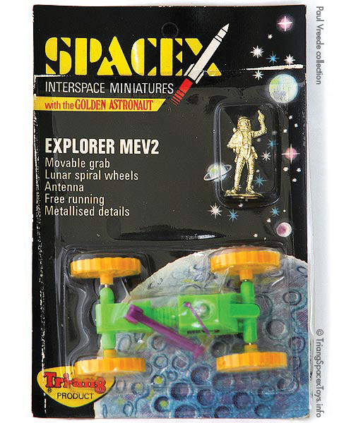Spacex Explorer MEV2 card - toy has orange-yellow wheels and purple arm
