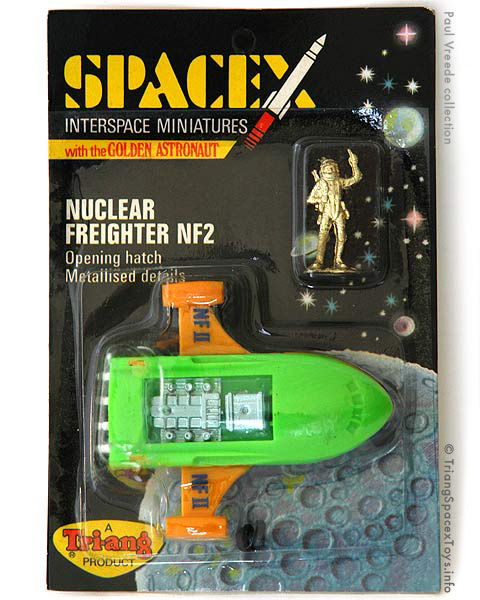 Spacex Nuclear Freighter NF2 card - toy in early green over orange-yellow