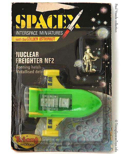Spacex Nuclear Freighter NF2 card with 2nd blister shape- toy in earliest green over yellow