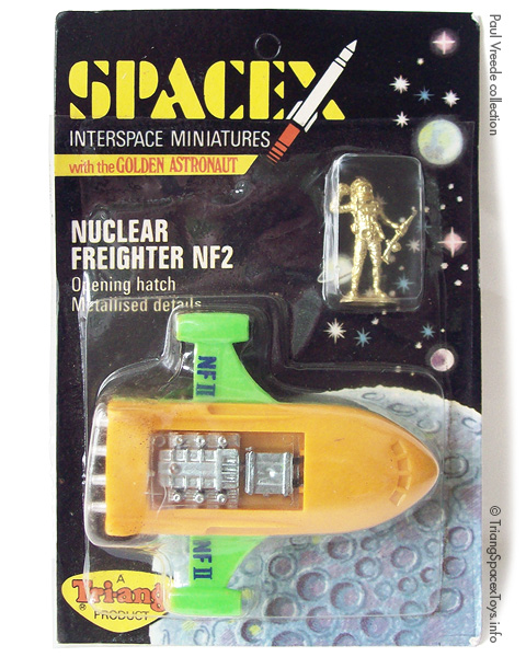 Spacex Nuclear Freighter NF2 card - toy in late orange-yellow over green