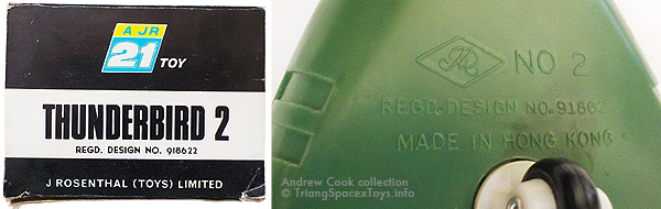 JR and JR21 trademarks on Thunderbird 2 toy and box