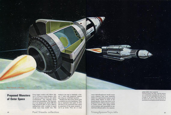 Spread from Man and Space book showing Nova and Helios rockets