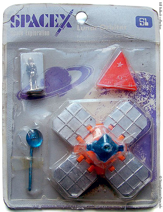 Pippin Spacex Lunar Orbiter card front - toy in orange and blue