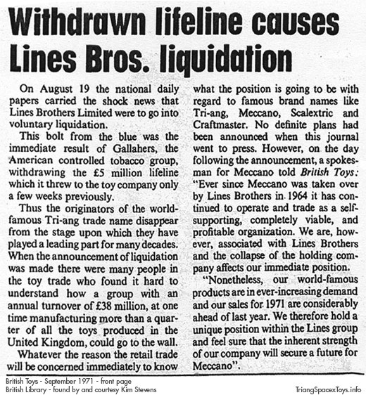 Lines Bros liquidation reported in Games & Toys, September 1971